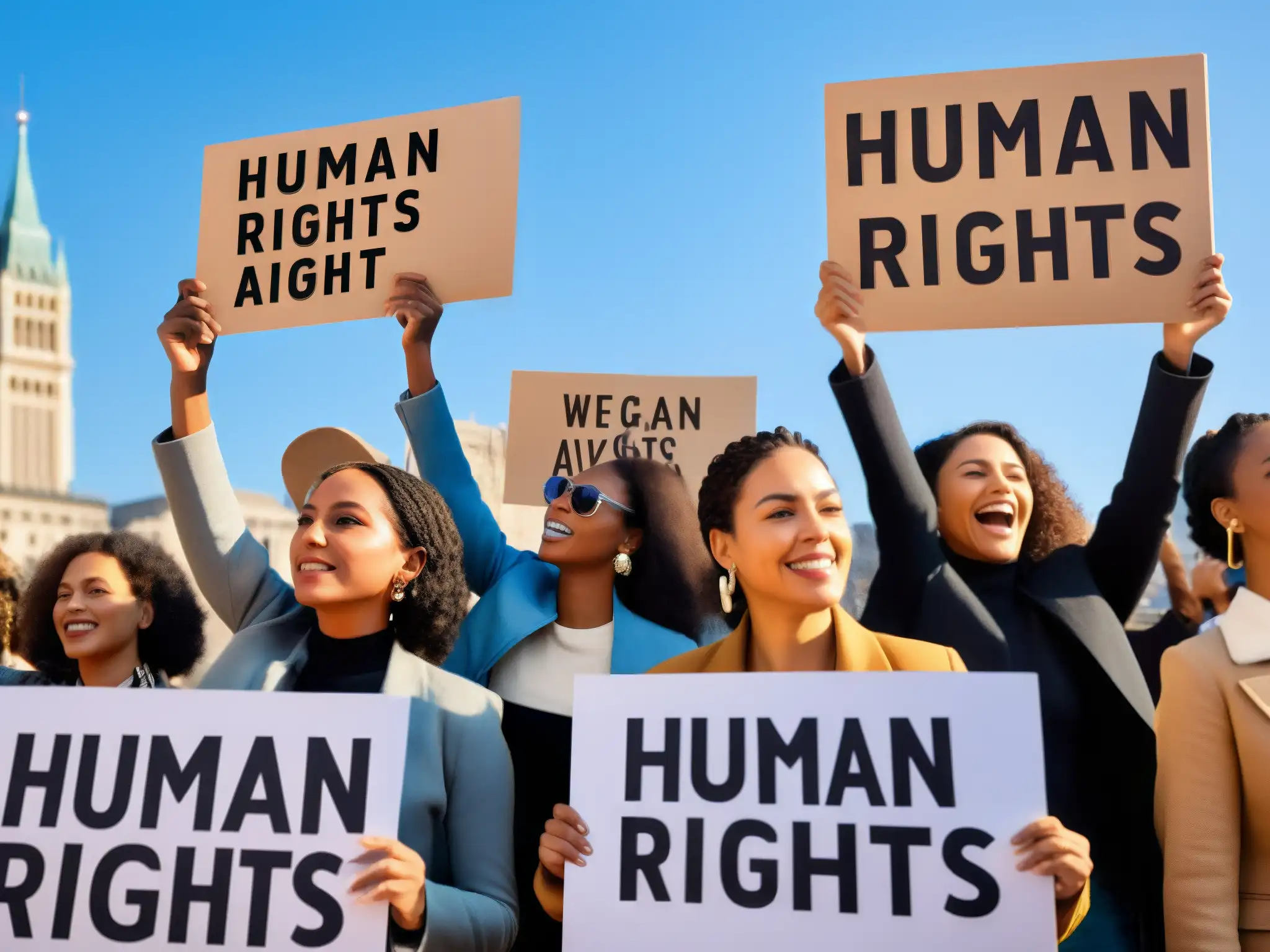 Grupo diverso de activistas sosteniendo carteles con mensajes sobre derechos humanos globales en una plaza pública, expresando empoderamiento y unidad