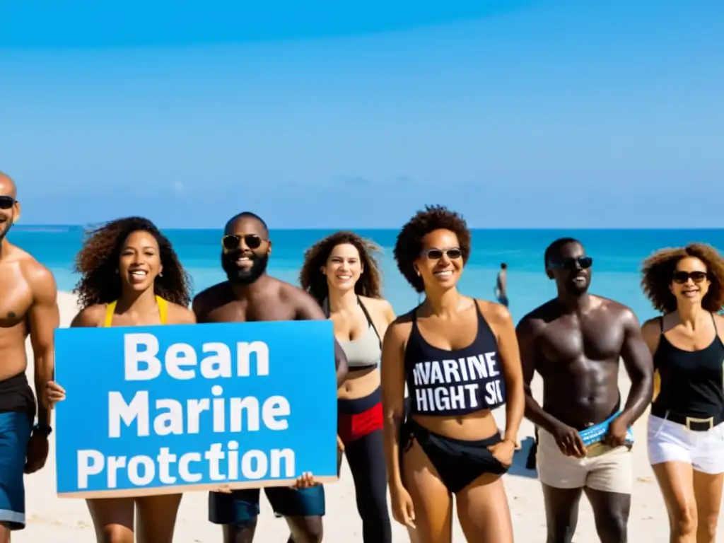 Grupo diverso de activistas protestando por la protección de los derechos humanos marinos en una playa, con el mar y cielo azul de fondo