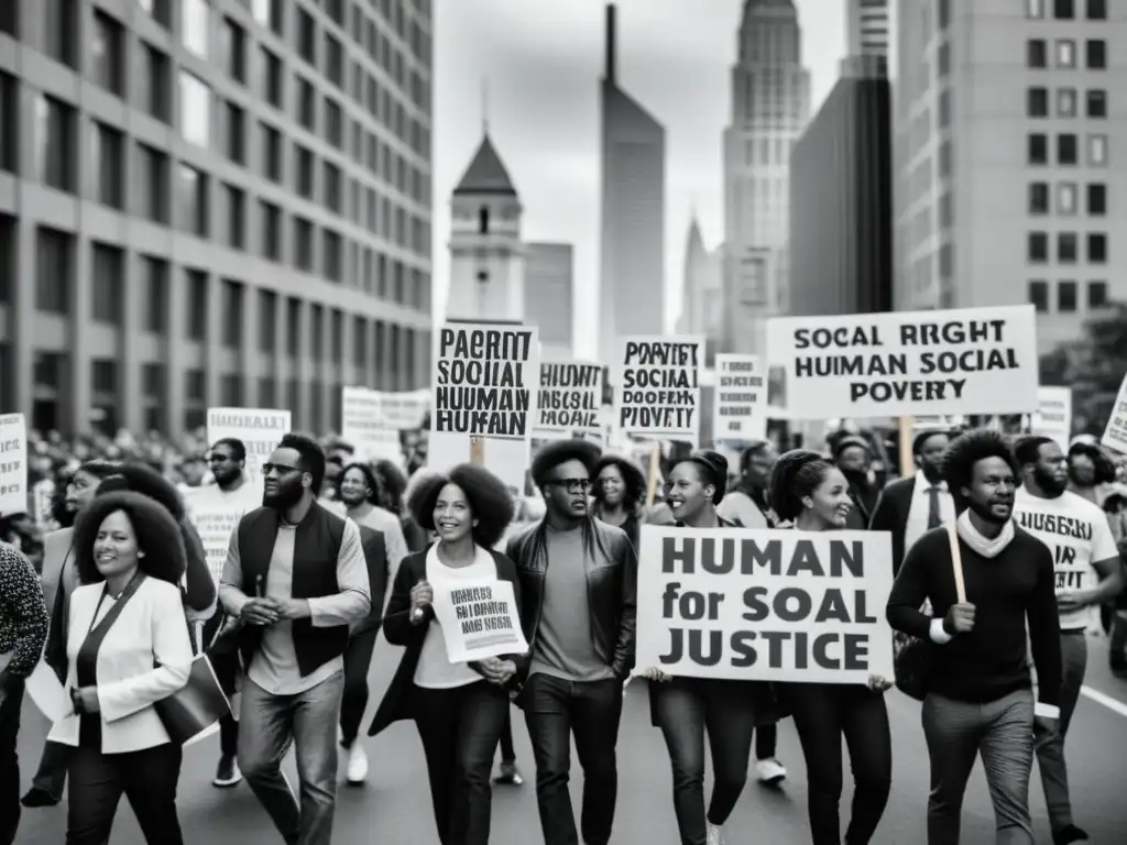 Grupo diverso de activistas marchando por los derechos humanos y la justicia social en la ciudad