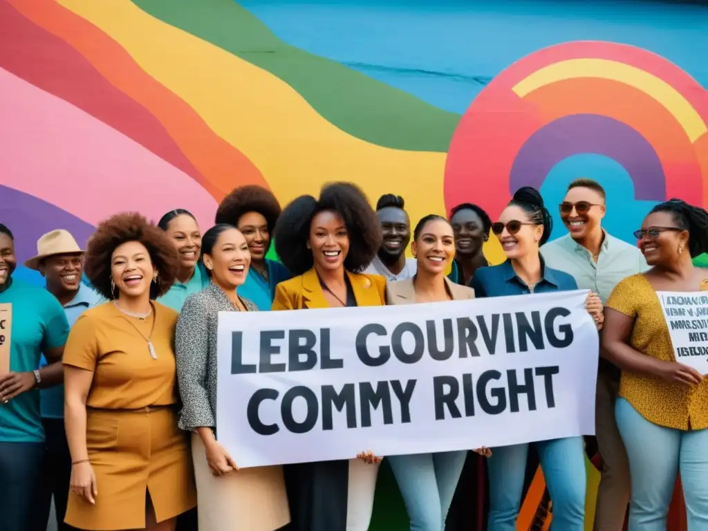 Grupo diverso de activistas LGBTIQ+ frente a mural colorido, luchando por derechos humanos globales