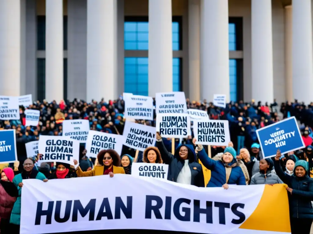 Grupo diverso de activistas globales defienden los derechos humanos frente a un poderoso edificio gubernamental en un día nublado, expresando determinación y solidaridad