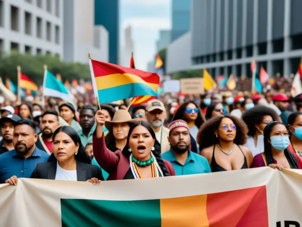 Un grupo diverso de activistas indígenas se destaca en un protesta global, sosteniendo pancartas y banderas coloridas que representan sus culturas