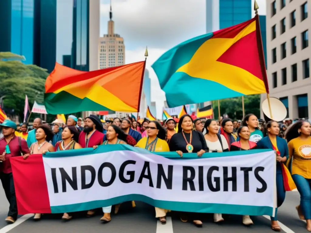 Un grupo diverso de activistas indígenas y aliados marcha con pancartas coloridas en una manifestación por los derechos indígenas en la ciudad