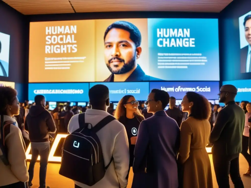 Un grupo diverso de activistas trabajando juntos frente a una pantalla digital, promoviendo el ciberactivismo, los derechos humanos y el cambio social