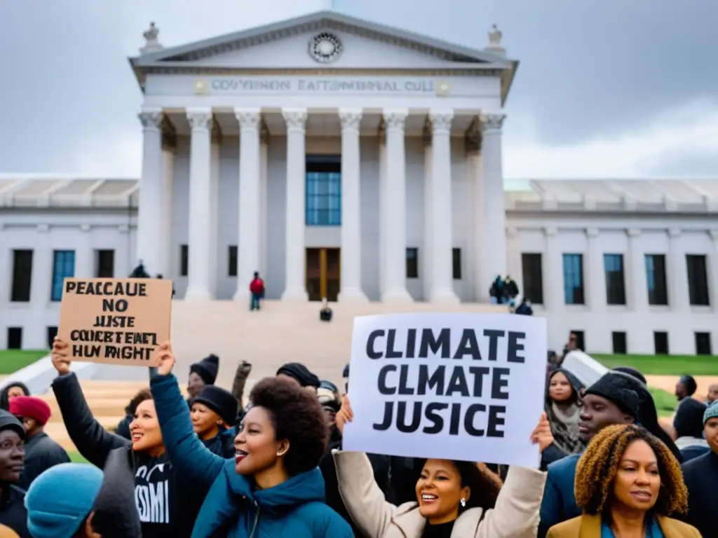 Grupo diverso de activistas protestando por la justicia climática y los derechos humanos frente a un edificio gubernamental en un día nublado