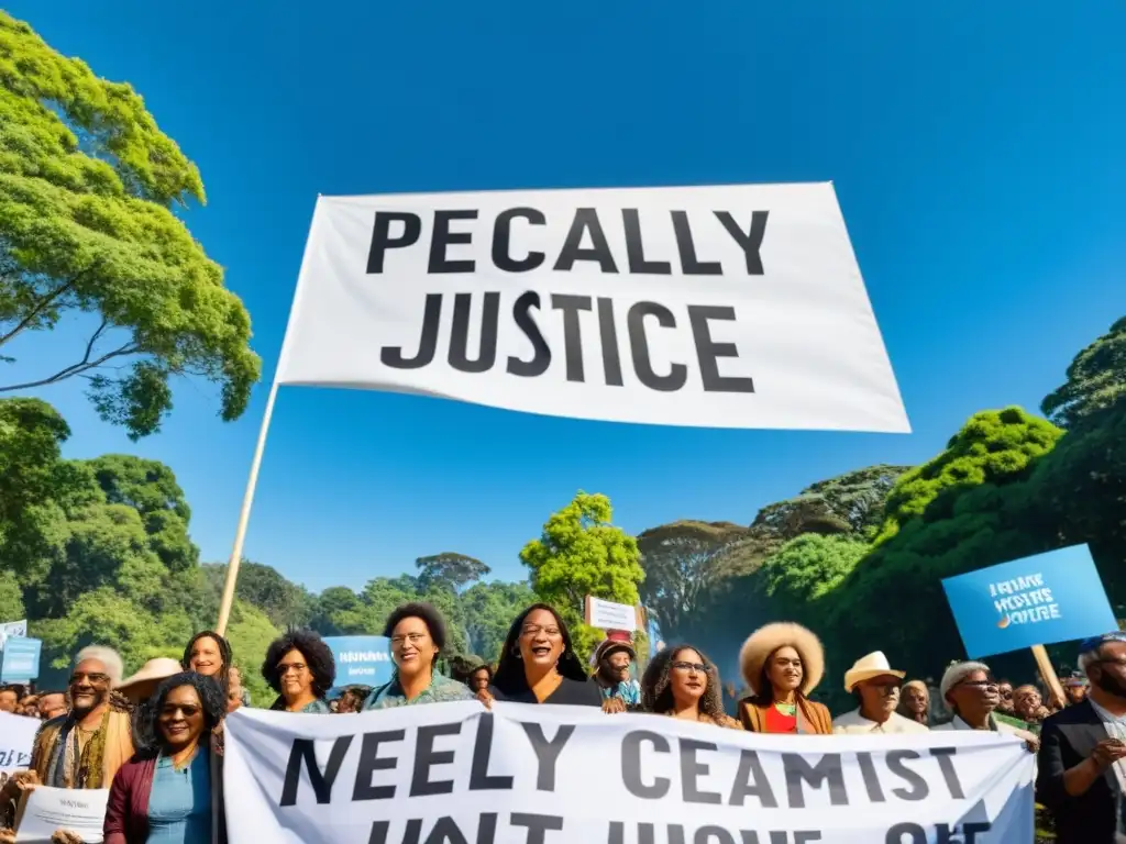 Grupo diverso de activistas y líderes indígenas protestan pacíficamente por la justicia climática frente a un edificio gubernamental, transmitiendo determinación y esperanza