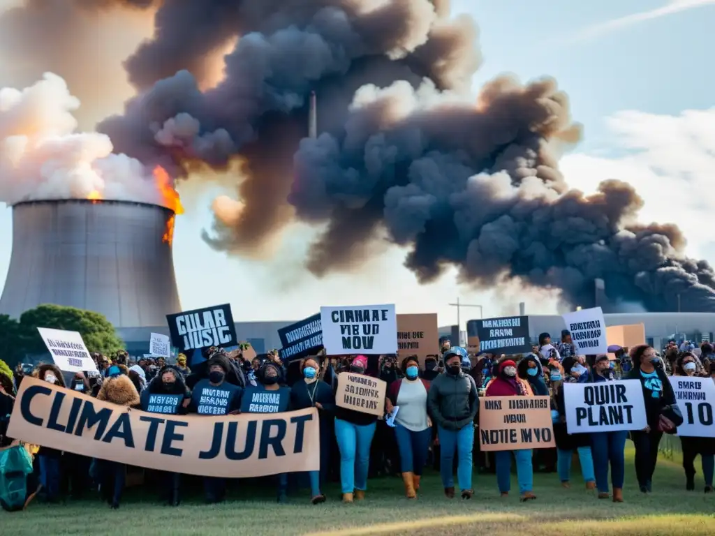 Grupo diverso de activistas marchando con pancartas en protesta por la justicia ambiental, en un entorno industrial