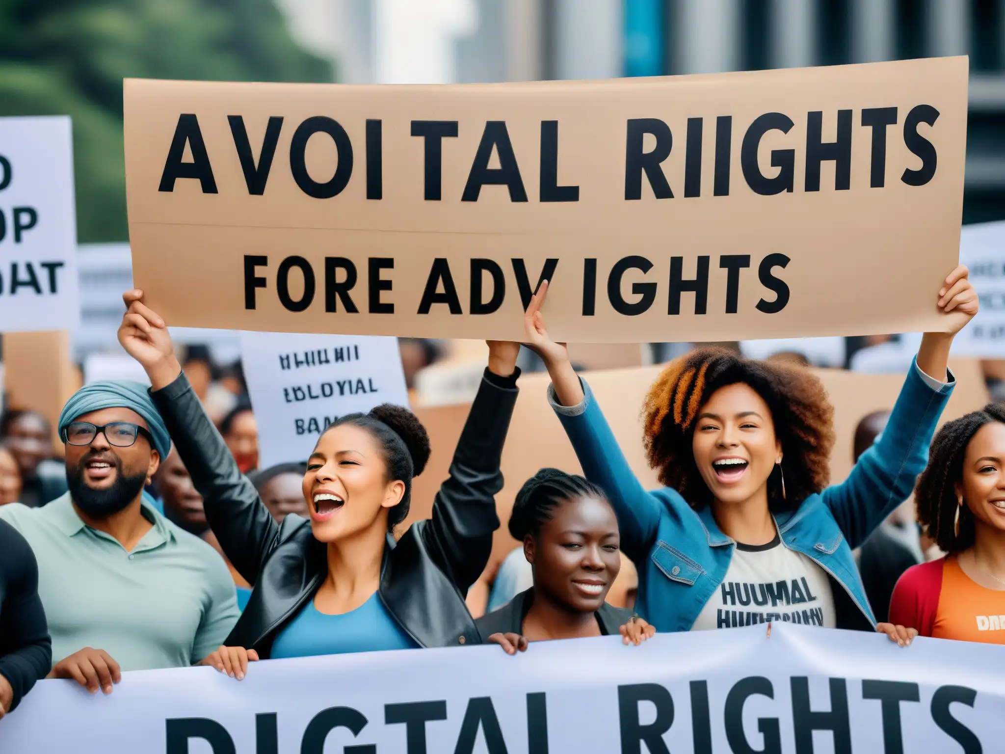 Grupo diverso de activistas sostiene pancartas en manifestación por activismo digital y derechos humanos globales