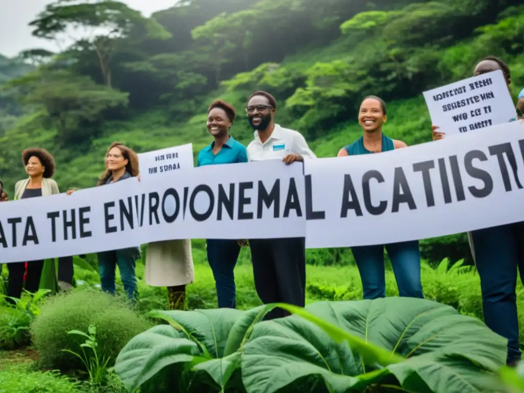 Grupo diverso de activistas sostiene pancartas con consignas ambientales frente a un centro de investigación rodeado de exuberante vegetación
