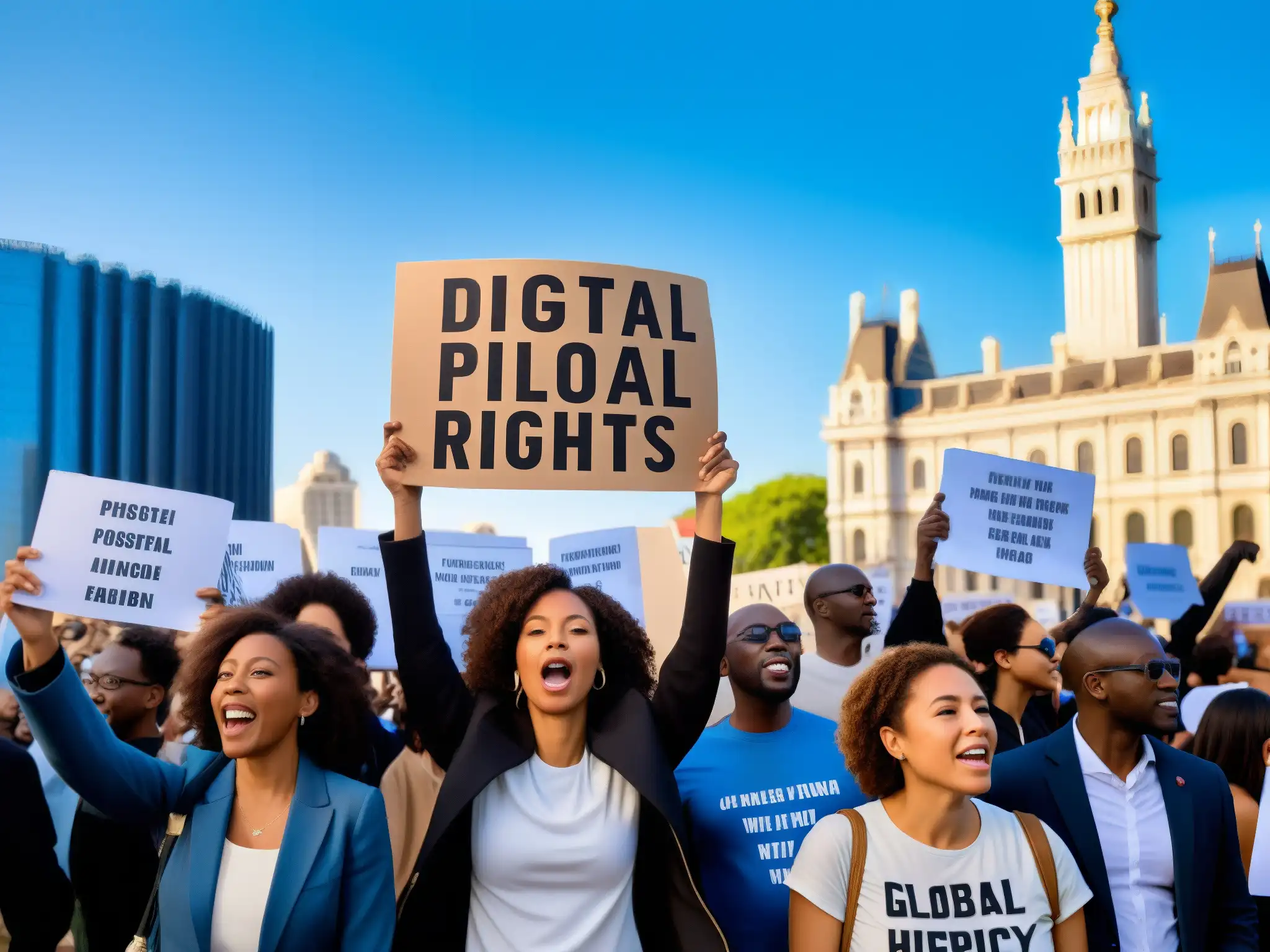 Un grupo diverso de activistas se reúne en la plaza, levantando pancartas por la privacidad digital y los derechos humanos