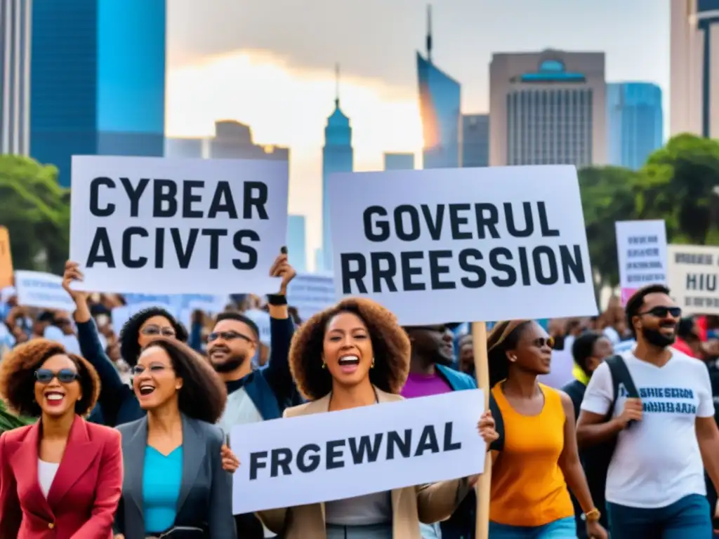 Grupo diverso de activistas marcha en protesta, levantando pancartas con consignas poderosas