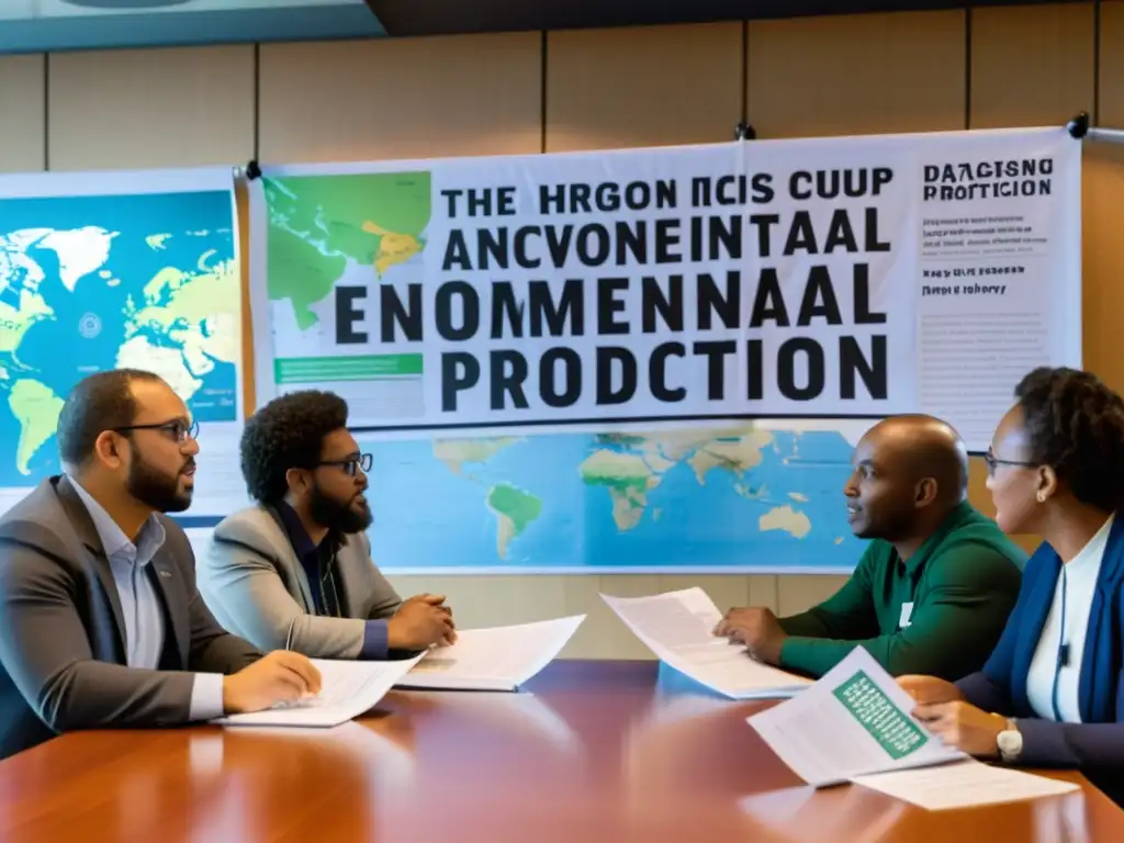 Un grupo diverso de activistas discute apasionadamente temas ambientales en una mesa repleta de informes científicos y mapas