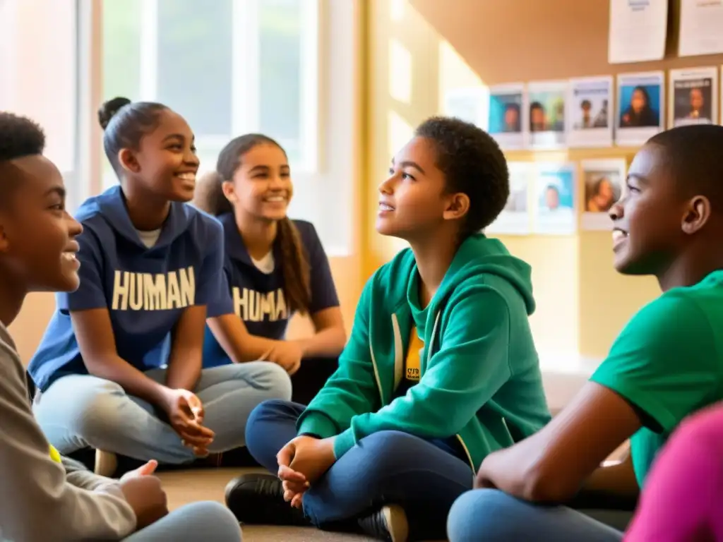 Un grupo diverso de adolescentes participa en una animada discusión sobre derechos humanos en un aula inspiradora