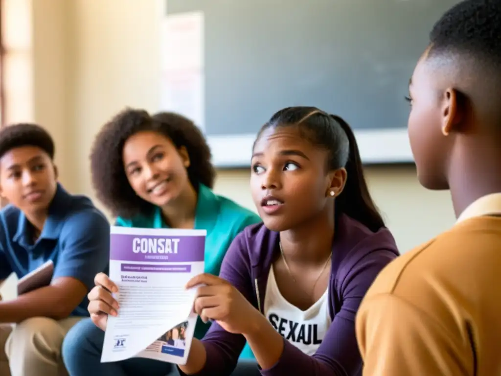 Grupo diverso de adolescentes participando en una animada discusión sobre derechos humanos educación sexual integral en un aula iluminada de forma natural