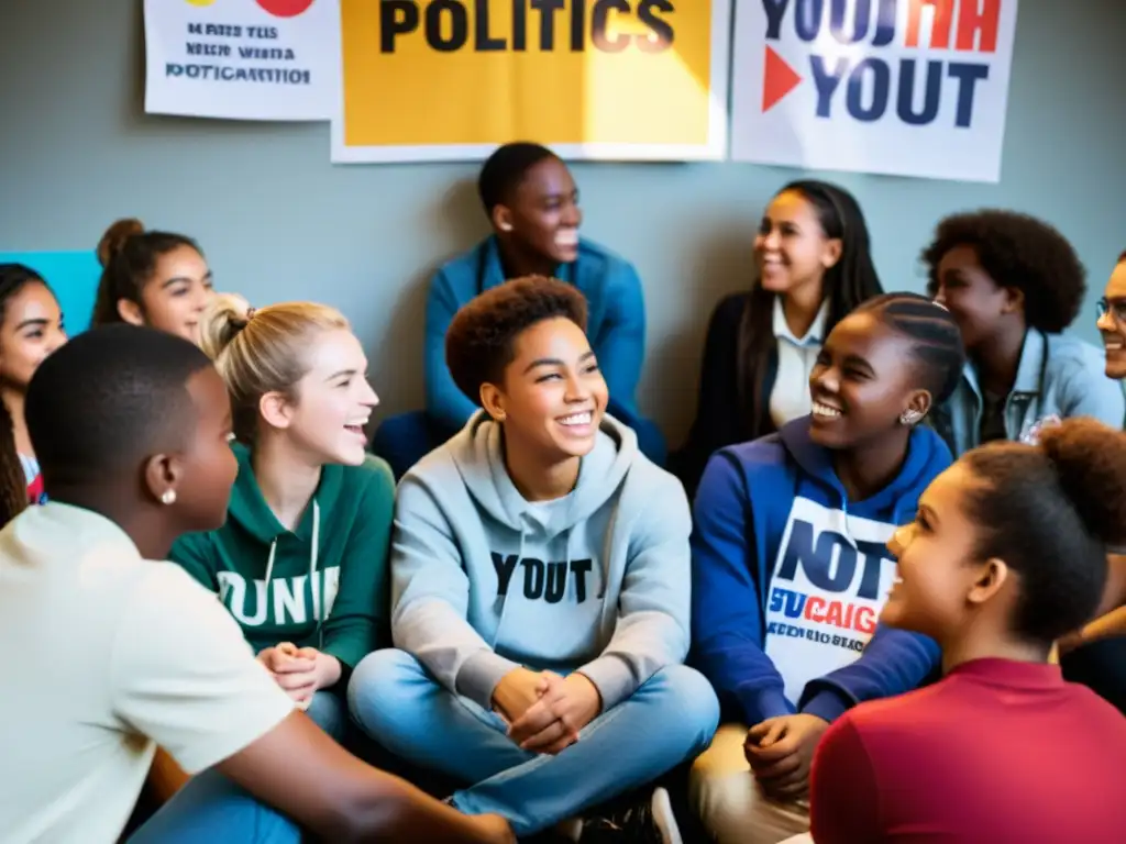 Grupo diverso de adolescentes participando en animada discusión sobre participación política de adolescentes derechos humanos