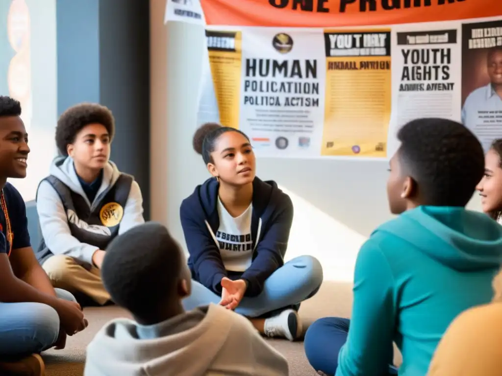 Grupo diverso de adolescentes participando en una animada discusión sobre derechos humanos y participación política