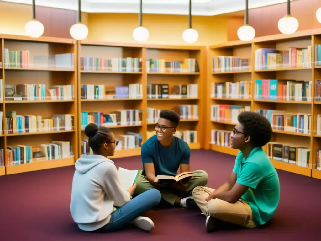 Un grupo diverso de adolescentes se reúne en la biblioteca, rodeados de estanterías llenas de libros coloridos