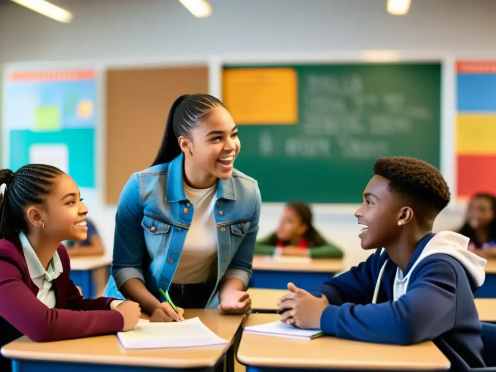 Grupo diverso de adolescentes debatiendo animadamente sobre derechos humanos en un aula