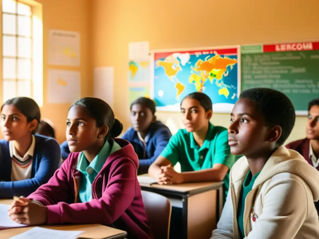 Grupo diverso de adolescentes desplazados participando en una animada discusión en un aula acogedora