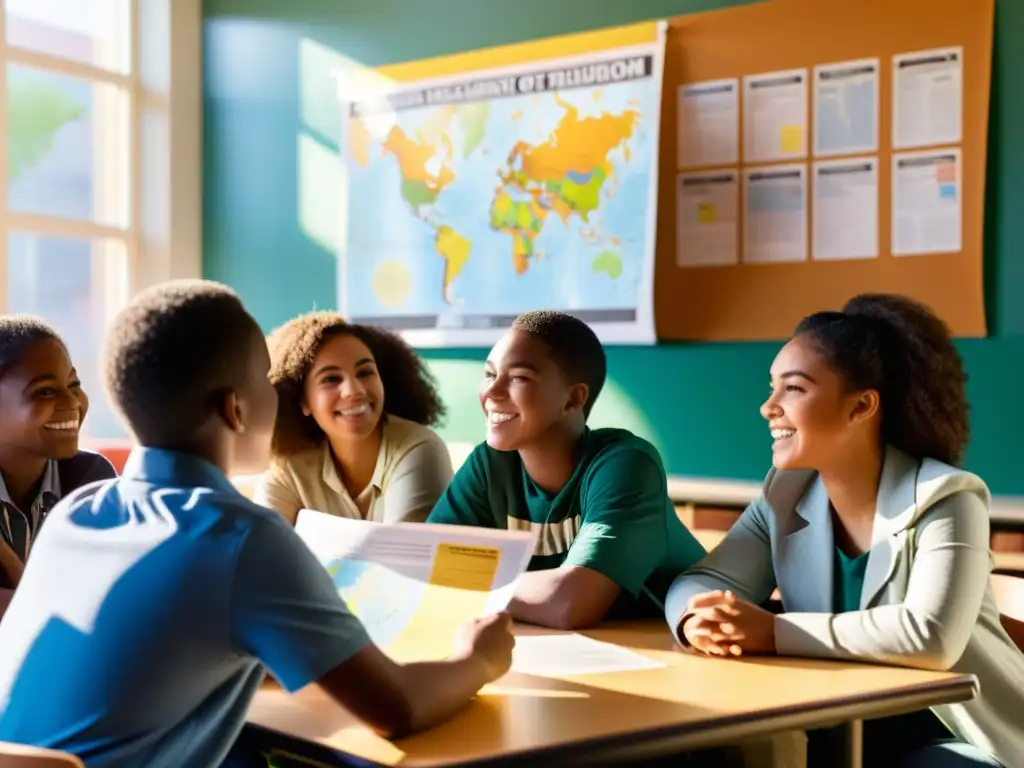 Grupo diverso de adolescentes participan animadamente en una discusión en un aula, mientras la luz del sol ilumina la escena