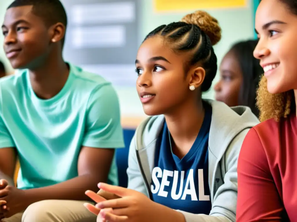 Un grupo diverso de adolescentes participa en una sesión inclusiva de educación sexual integral en un aula moderna y bien iluminada