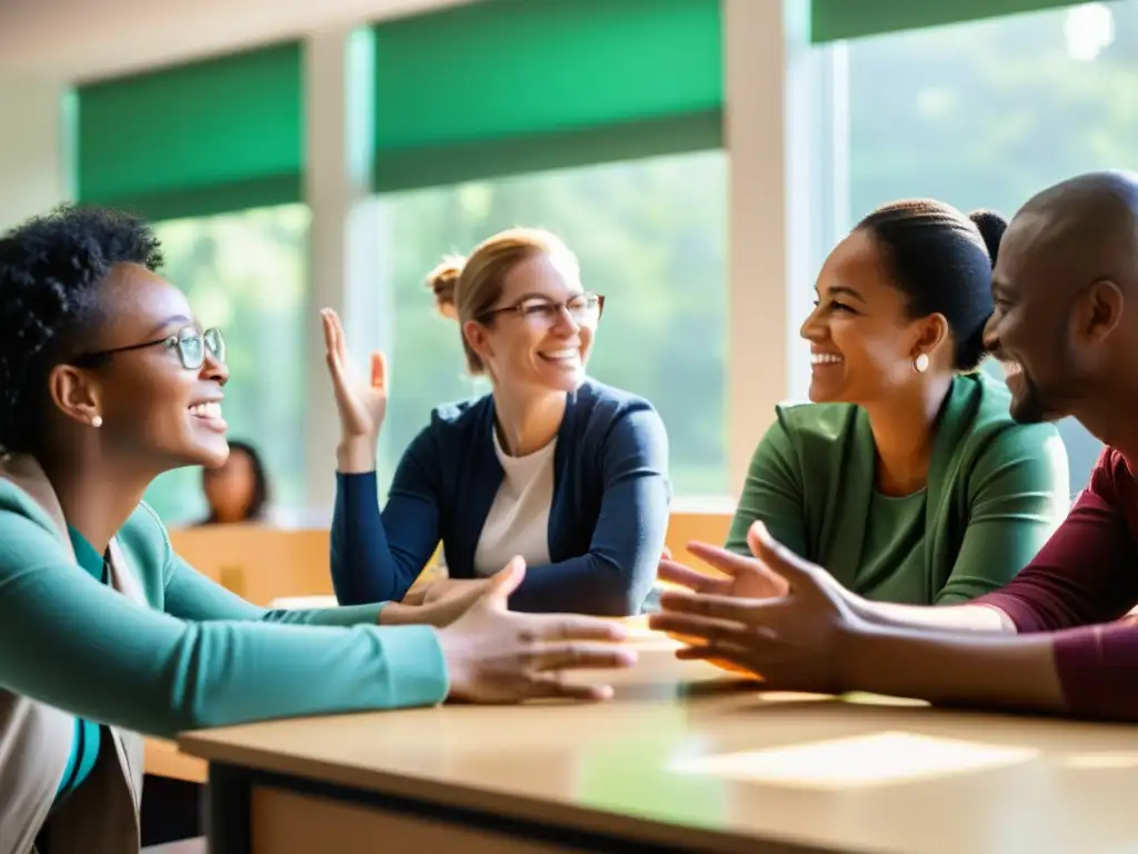 Un grupo diverso de adultos discute apasionadamente sobre la importancia de la educación continua y los derechos humanos en un aula moderna y luminosa