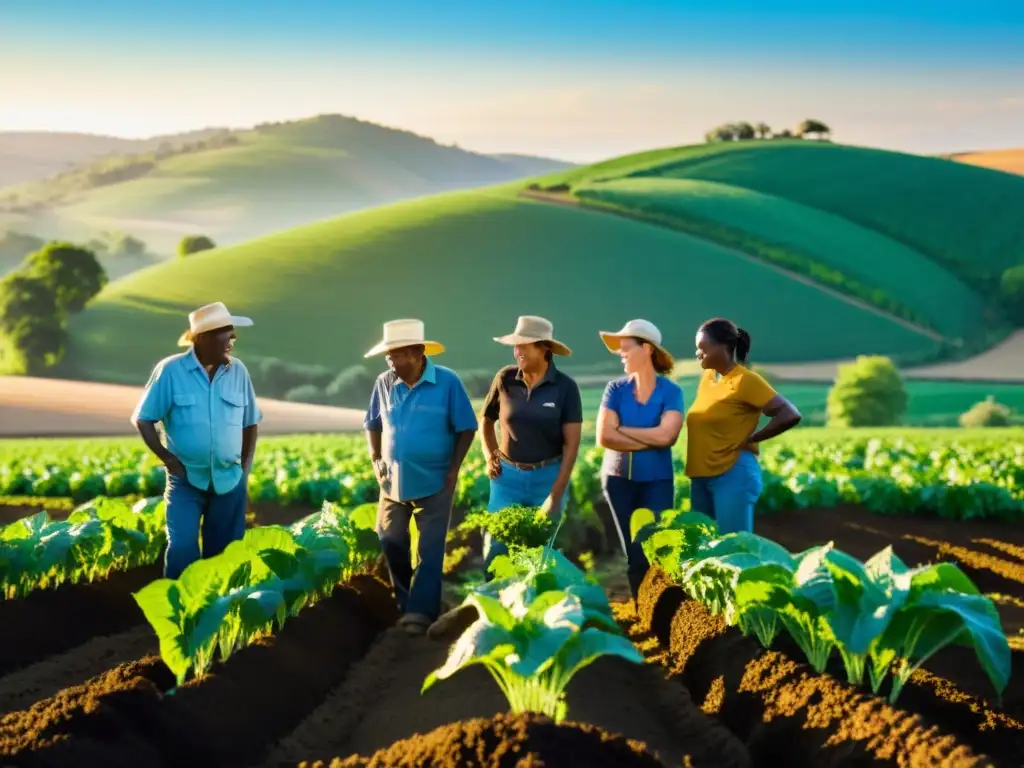 Un grupo diverso de agricultores trabaja con dedicación en un campo fértil y vibrante bajo el cálido sol