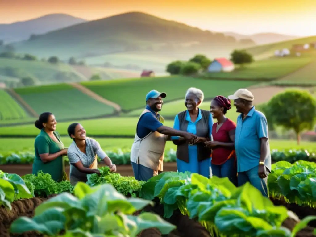 Un grupo diverso de agricultores trabaja unido en un campo verde, plantando cosechas al atardecer