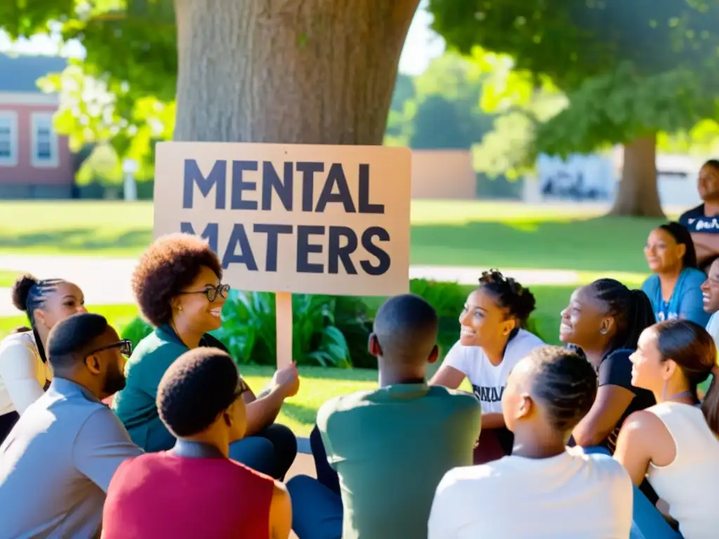 Un grupo diverso se reúne al aire libre para discutir sobre la salud mental