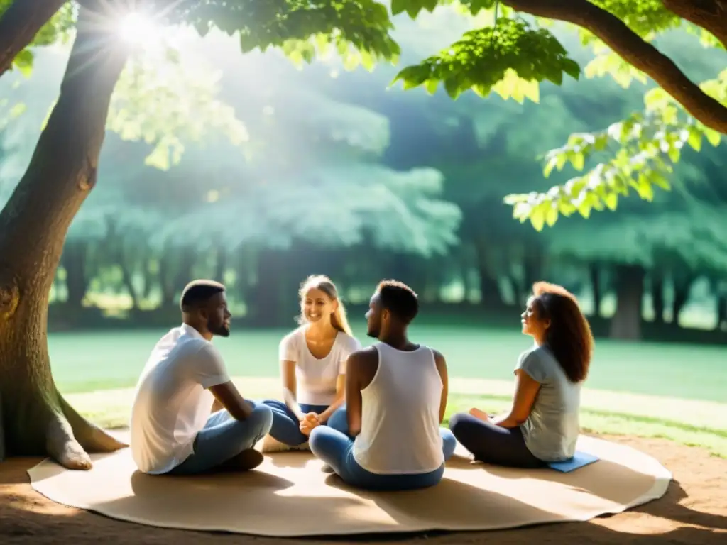 Un grupo diverso se reúne al aire libre para hablar sobre la salud mental y ofrecer apoyo