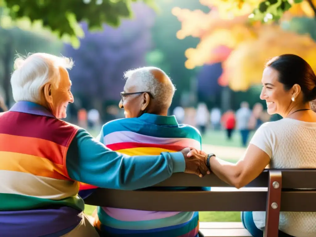 Un grupo diverso de amigos rodea a una persona mayor LGBTIQ+ en un banco del parque, mostrando solidaridad y conexión