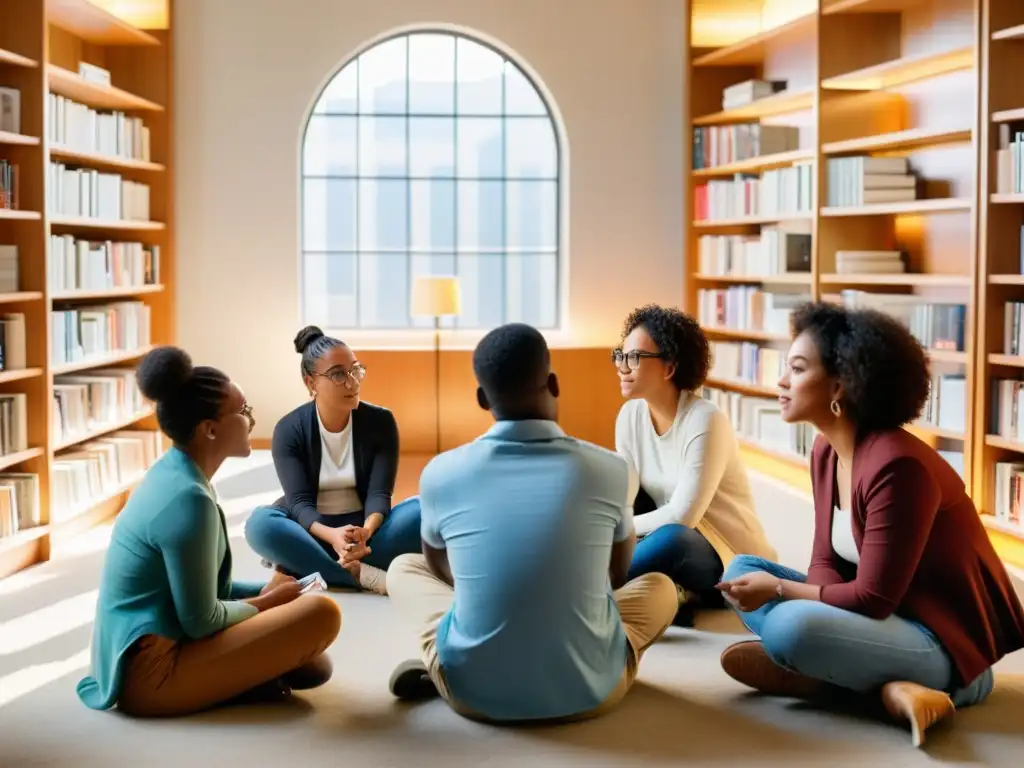 Grupo diverso en animada conversación en biblioteca iluminada, reflejando búsqueda de verdad en era de info