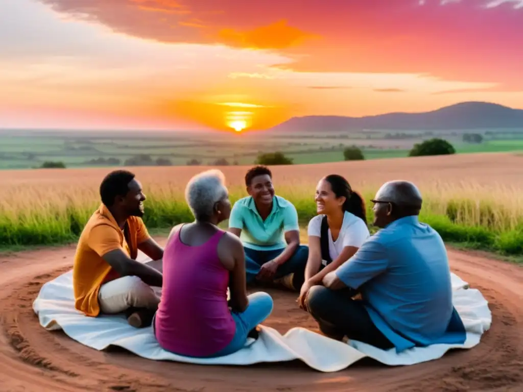 Grupo diverso en animada discusión al atardecer en comunidad rural, mostrando fortaleza comunitaria postconflicto para garantizar derechos humanos