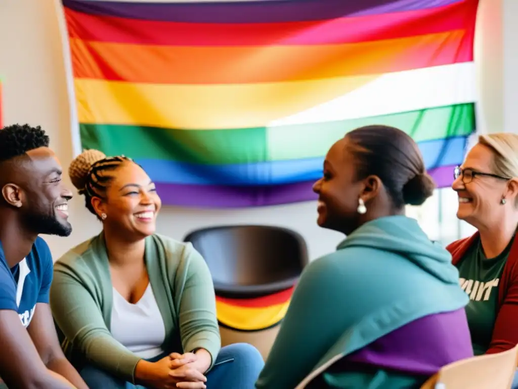Grupo diverso en apoyo LGBTIQ+ en centro comunitario iluminado, expresando solidaridad y empoderamiento