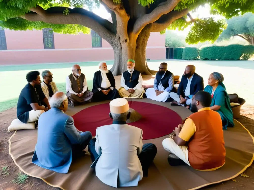 Un grupo diverso se reúne bajo un árbol ancestral para dialogar sobre sanación postconflicto, mostrando empatía y determinación en sus rostros