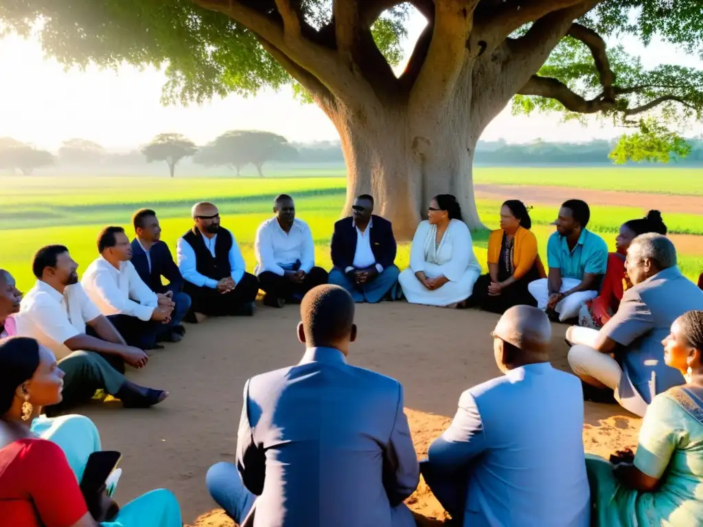 Grupo diverso dialoga bajo árbol al atardecer en escena rural, reflejando desafíos justicia transicional reconciliación paz