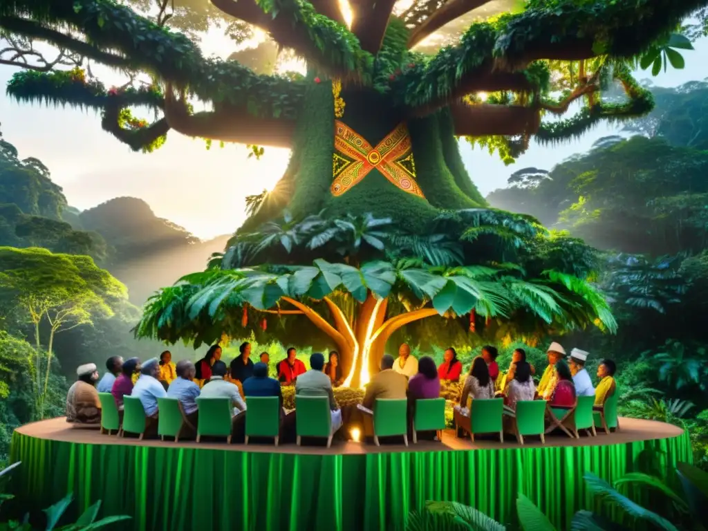 Un grupo diverso se reúne alrededor de un árbol decorado en la selva