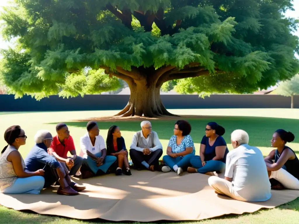 Un grupo diverso se reúne bajo un árbol, compartiendo perspectivas