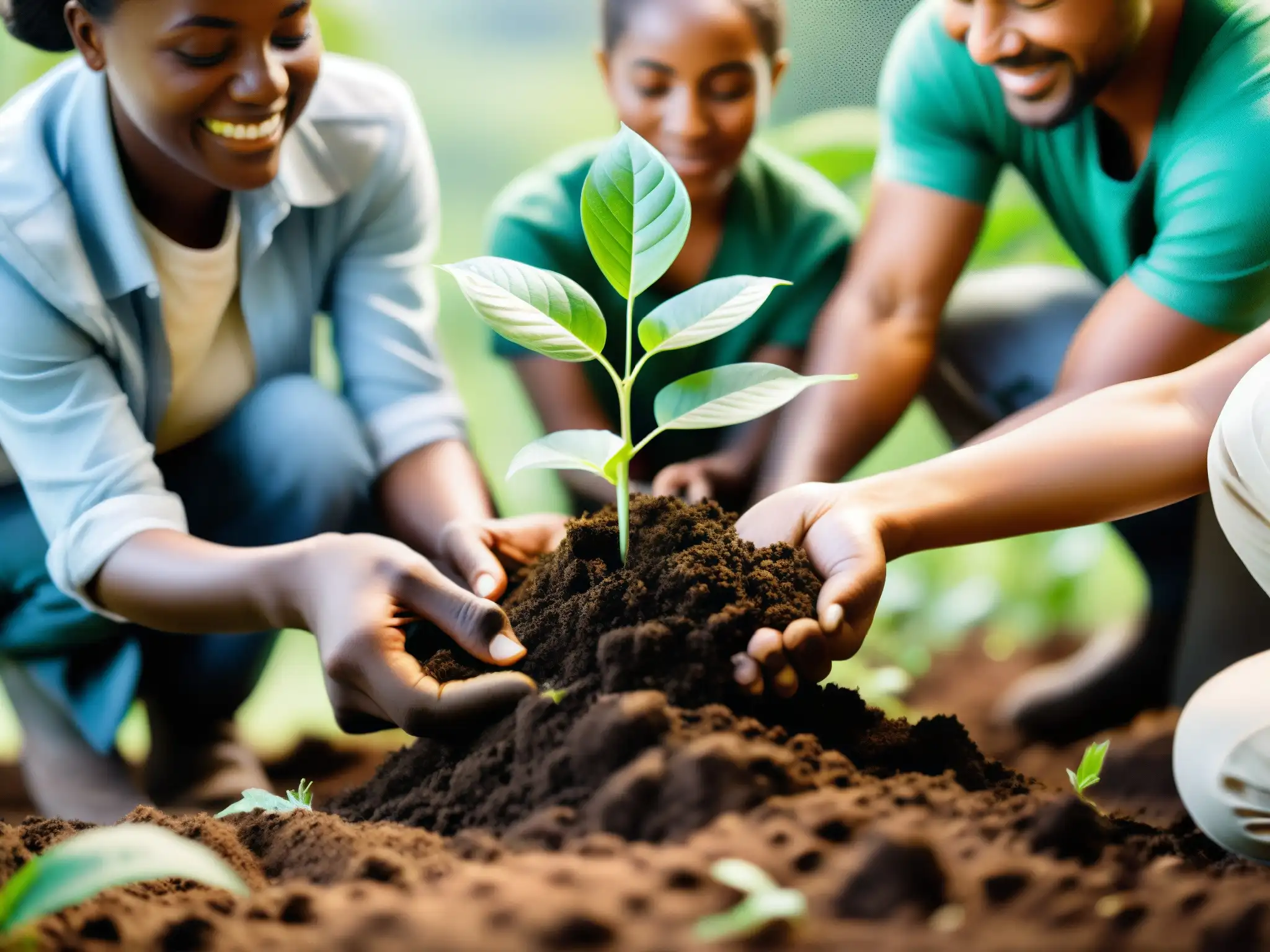 Un grupo diverso planta árboles juntos en un paisaje exuberante, simbolizando el equilibrio necesario entre derechos humanos y sostenibilidad