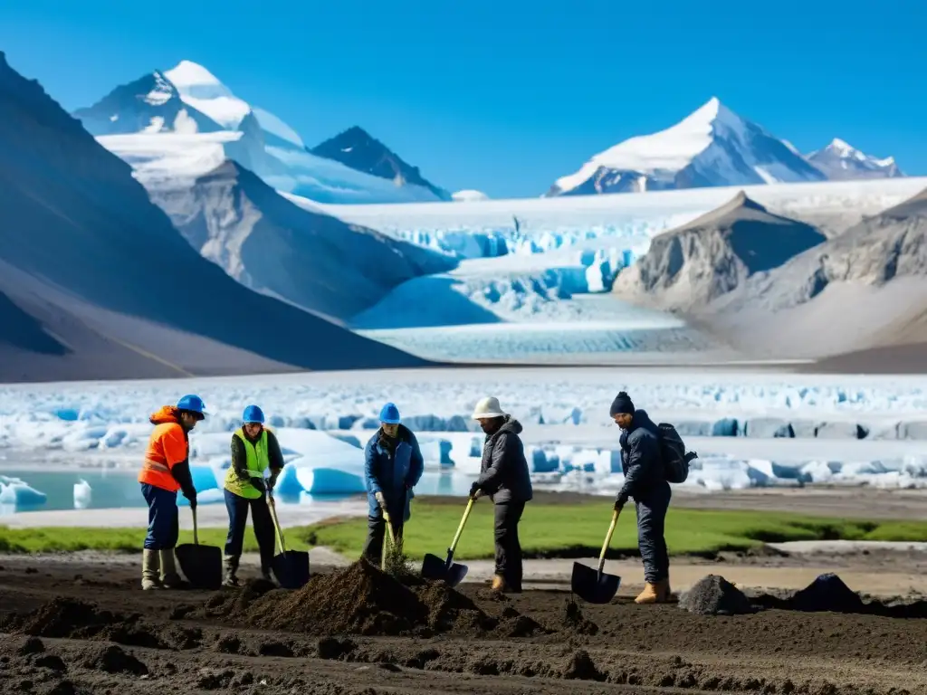 Un grupo diverso planta árboles en un paisaje desolado, con glaciares derritiéndose al fondo