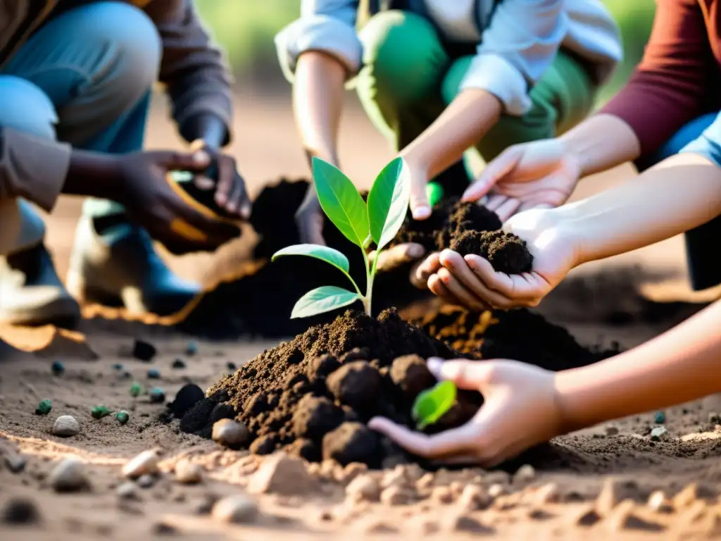 Un grupo diverso planta árboles en tierra árida, destacando el impacto de la sostenibilidad en los derechos humanos y la sociedad