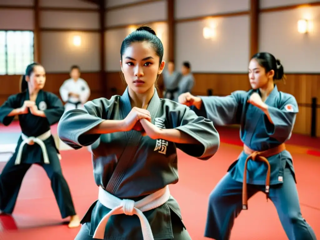 Grupo diverso practicando artes marciales con determinación y empoderamiento, reflejando fuerza y disciplina en el dojo