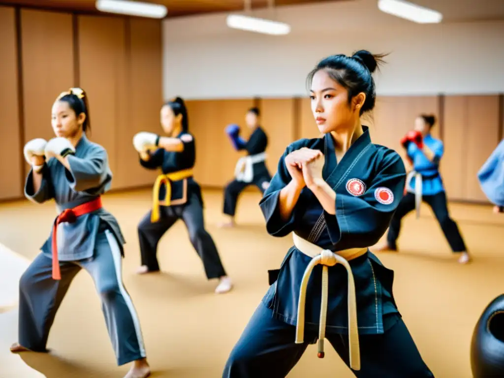 Un grupo diverso practica artes marciales en un estudio amplio y bien iluminado, transmitiendo determinación y fuerza