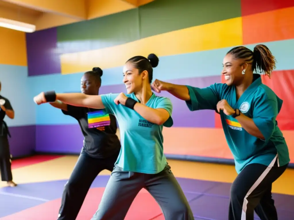 Grupo diverso practica artes marciales para empoderamiento en centro comunitario con murales coloridos y ambiente inclusivo