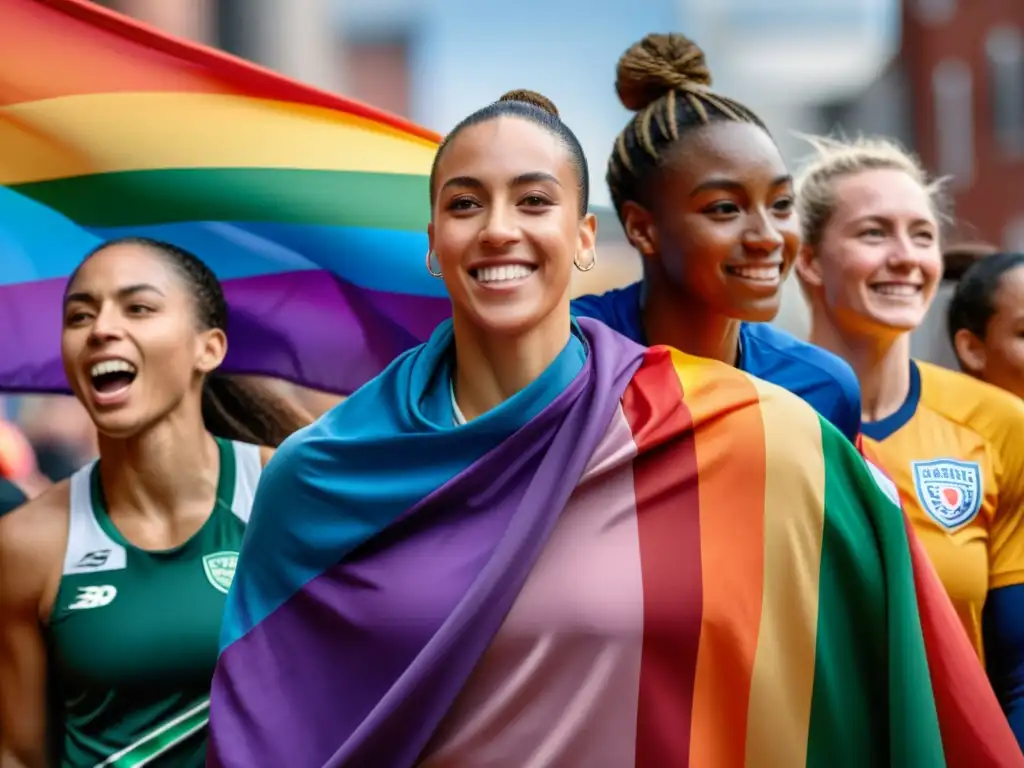 Un grupo diverso de atletas con banderas de orgullo LGBT+ en un escenario urbano, celebrando la inclusión y diversidad en el deporte