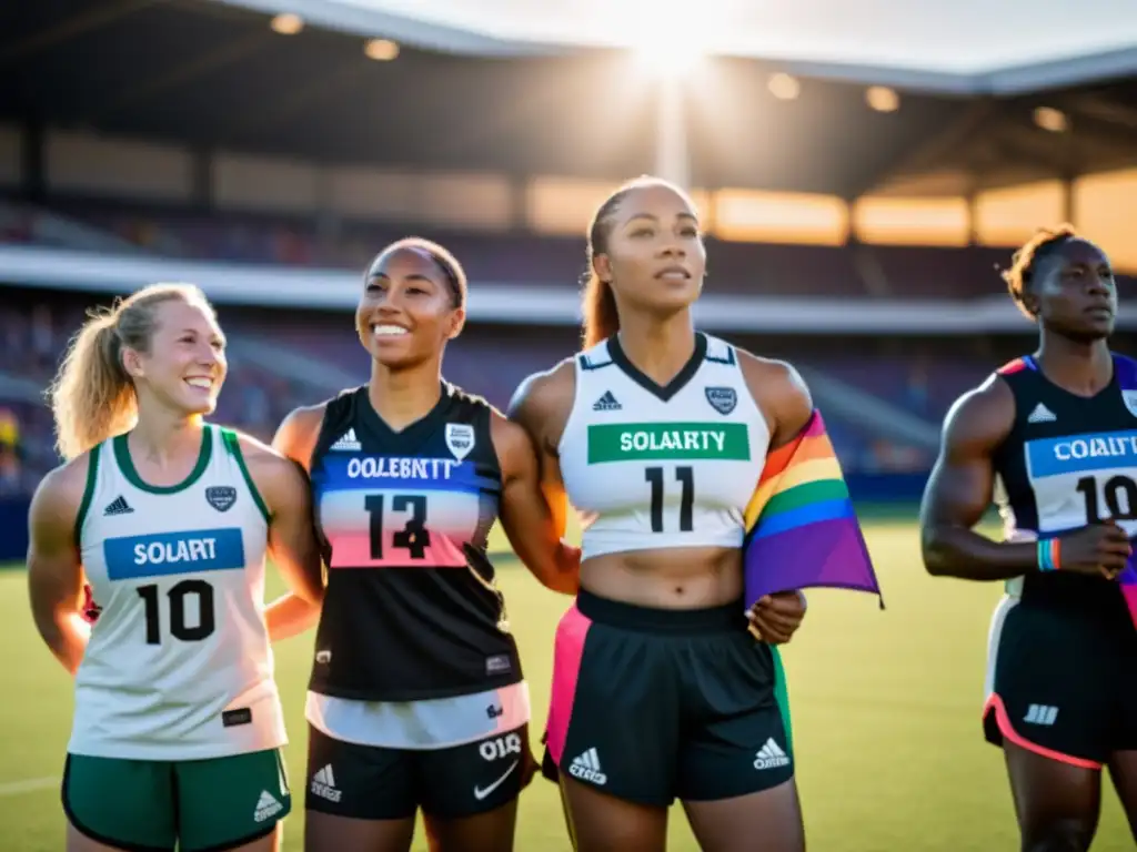 Grupo diverso de atletas en el campo, unidos contra la discriminación LGBTIQ+ en deporte profesional, reflejando determinación y unidad