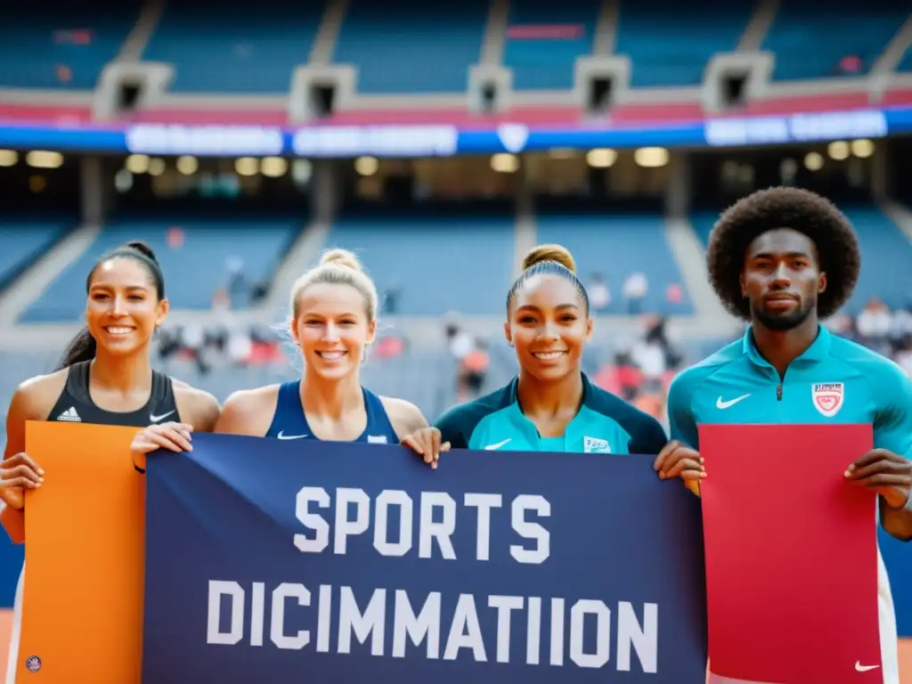 Grupo diverso de atletas en el estadio, unidos en activismo deportivo contra discriminación étnica con mensajes poderosos en carteles