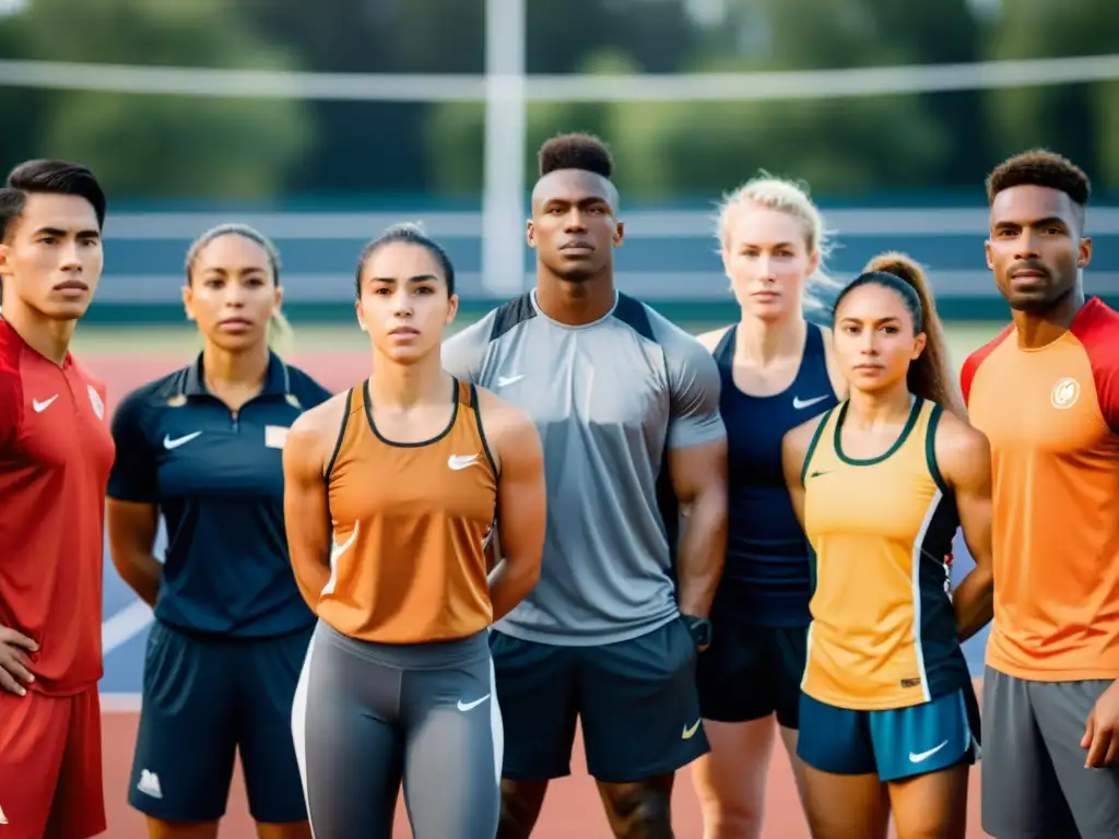 Un grupo diverso de atletas con expresiones determinadas, unidos en un campo deportivo