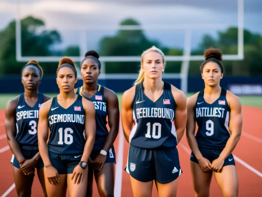 Un grupo diverso de atletas femeninas desafía la discriminación de género en el deporte, mostrando fuerza y determinación en el campo