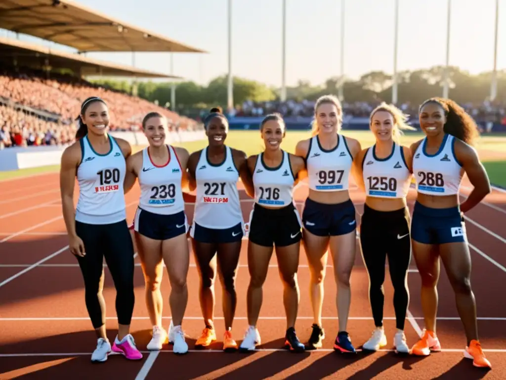 Grupo diverso de atletas femeninas en pista al atardecer, reflejando lucha, libertad y diversidad en vestimenta deportiva